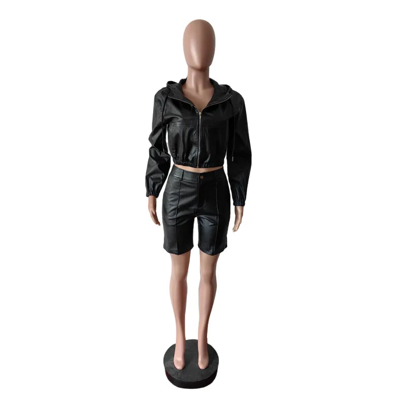New leather jacket shorts set long sleeved five quarter pants set