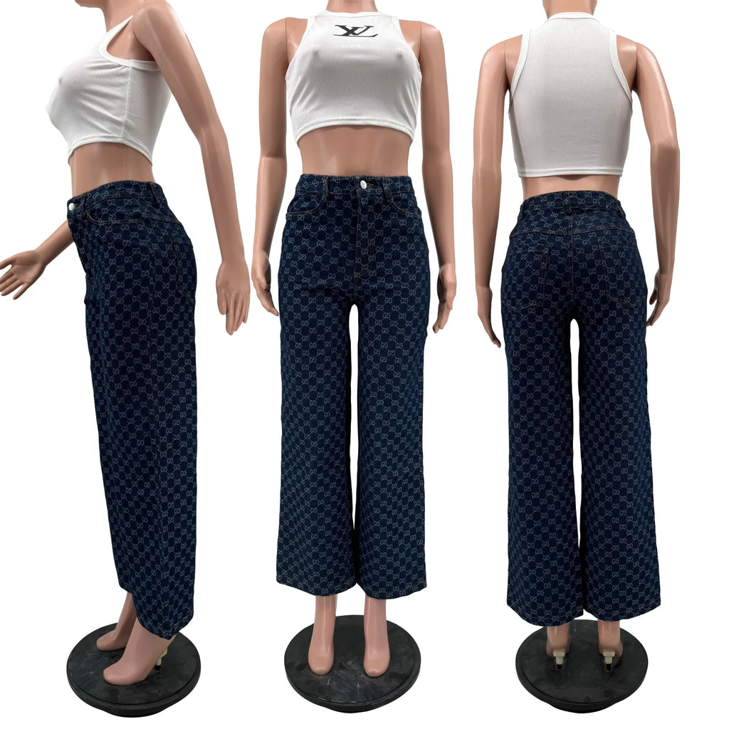 Slim Jacquard Wide-leg Long Jeans LV AND GUCCI