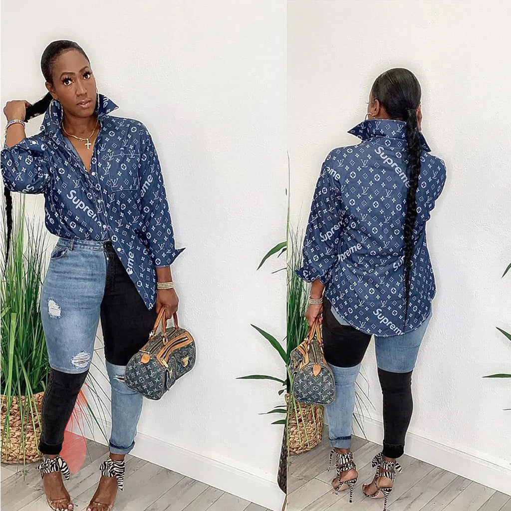 LV SUPREME Denim Retro Printed Long Sleeve Shirt