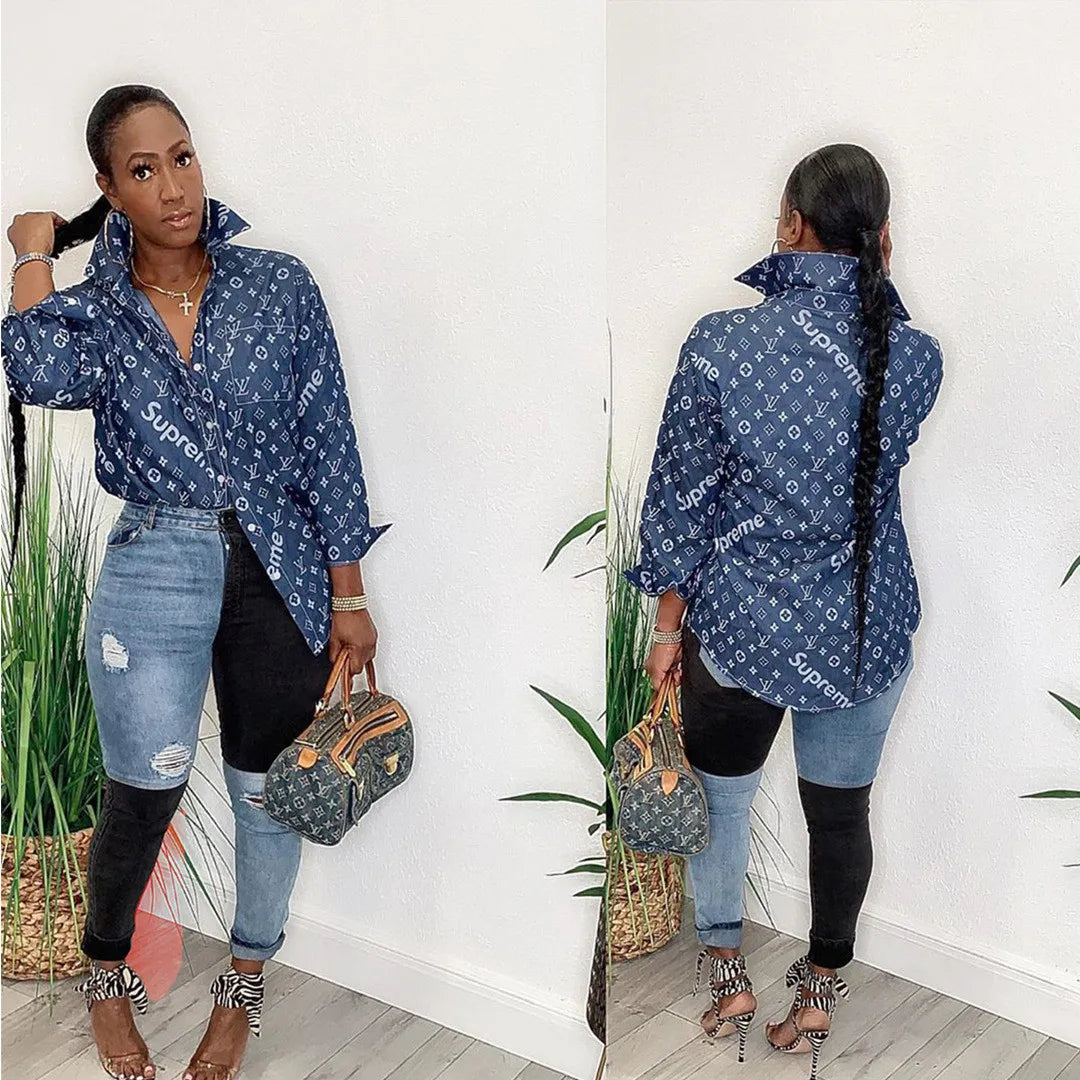 LV SUPREME Denim Retro Printed Long Sleeve Shirt