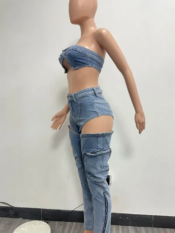Sexy Zipper Strapless Tube Bra Tops And Cut-Out Pants Denim Matching Sets