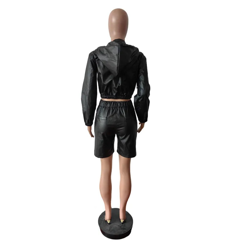 New leather jacket shorts set long sleeved five quarter pants set