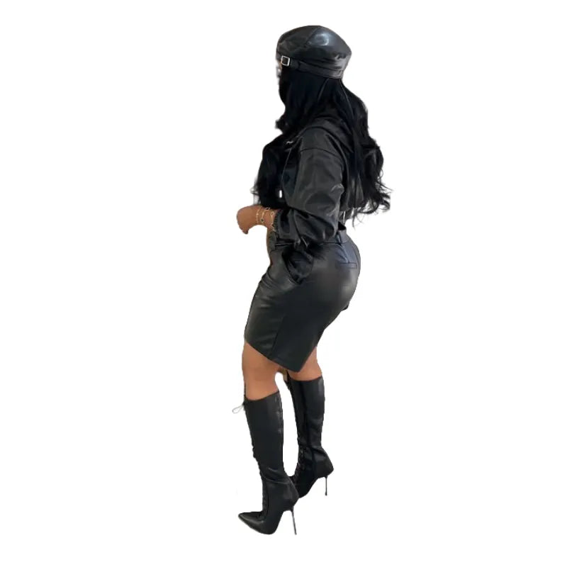 New leather jacket shorts set long sleeved five quarter pants set