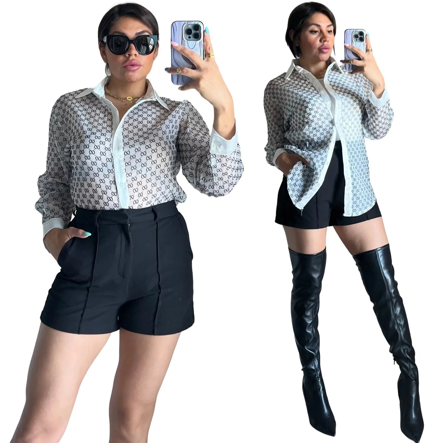 LV AND GUCCI Silk Sewing Ladies Chiffon Shirt