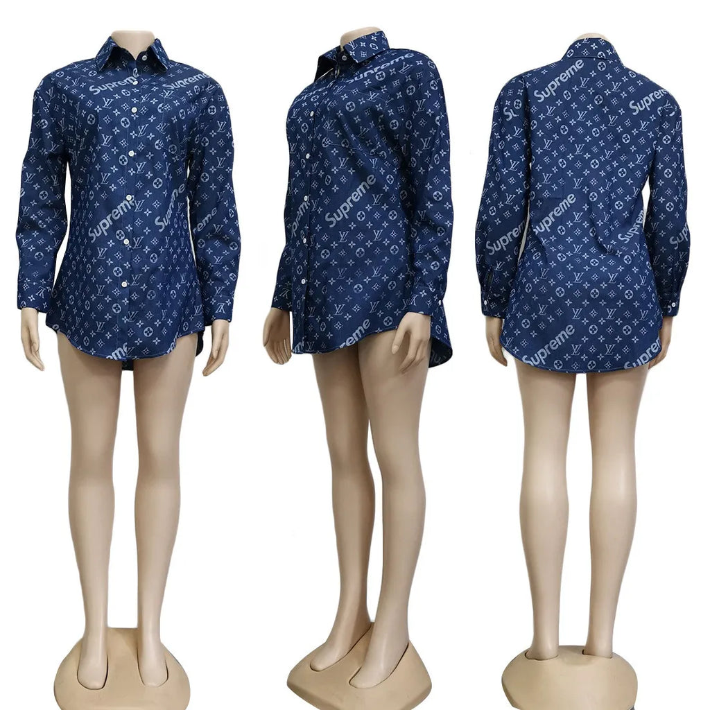 LV SUPREME Denim Retro Printed Long Sleeve Shirt