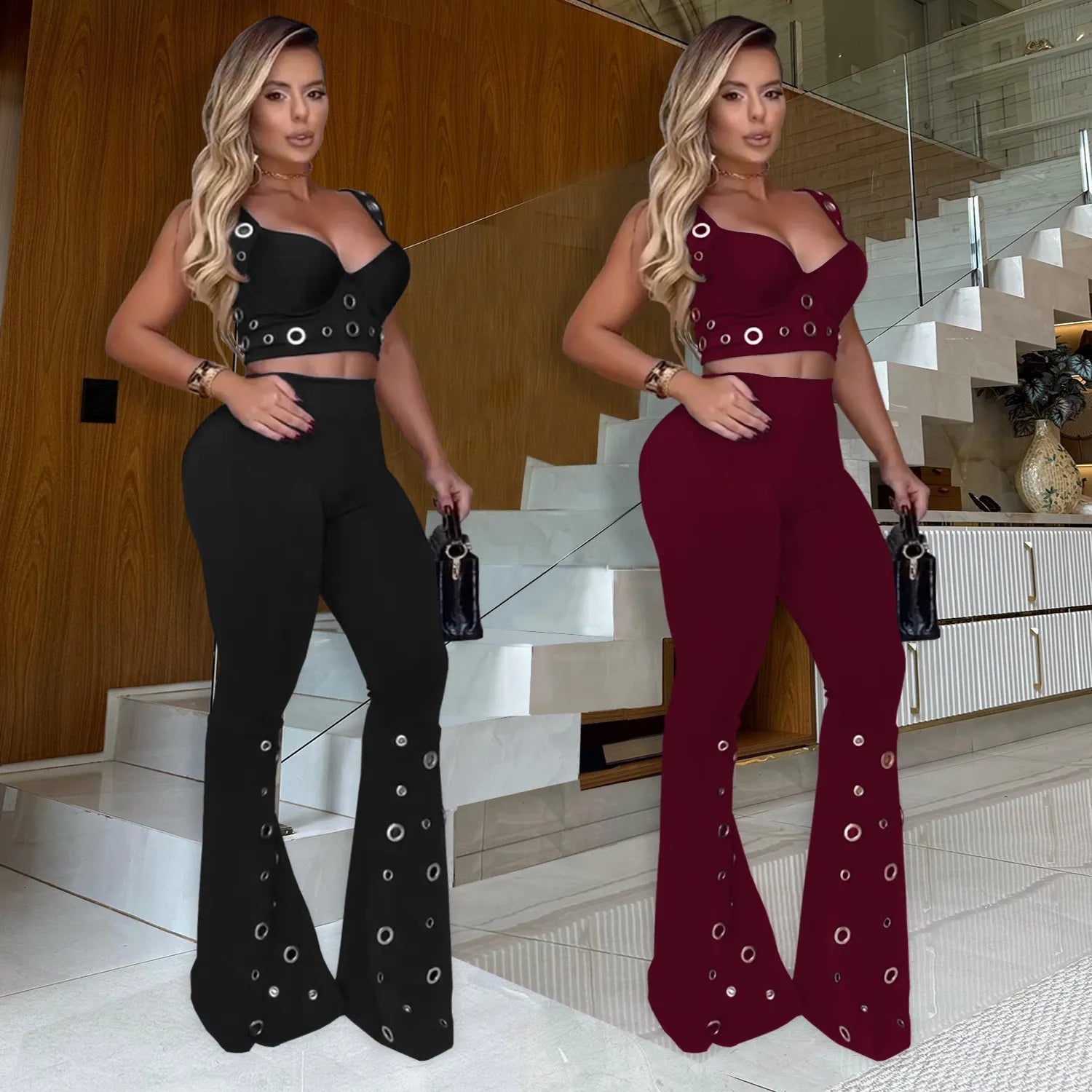 Sling Two Pieces Sets Solid Metal Ring Crop Top And Flared Pants Set