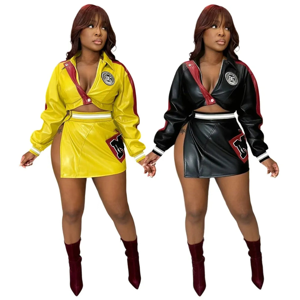 Spicy girl motorcycle PU leather printed jacket jacket split skirt set