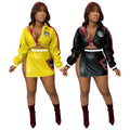Spicy girl motorcycle PU leather printed jacket jacket split skirt set