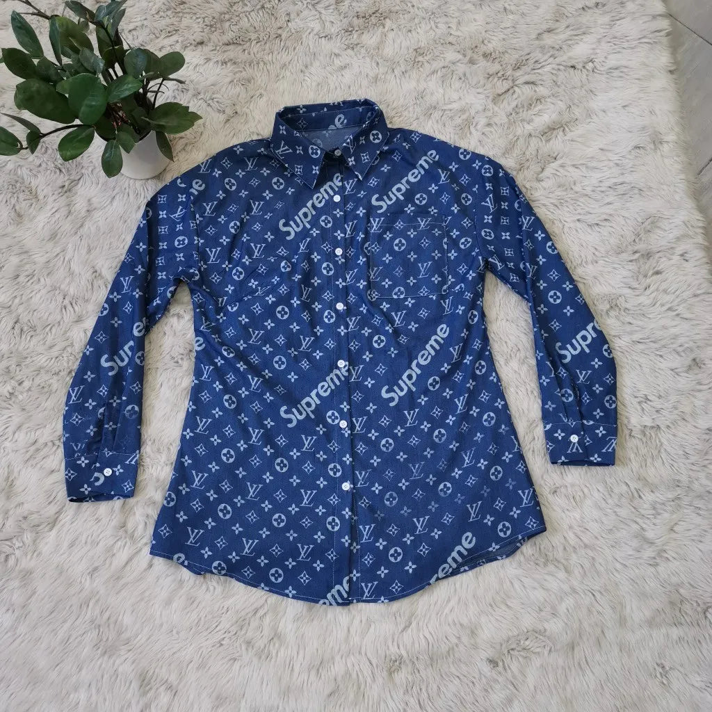 LV SUPREME Denim Retro Printed Long Sleeve Shirt