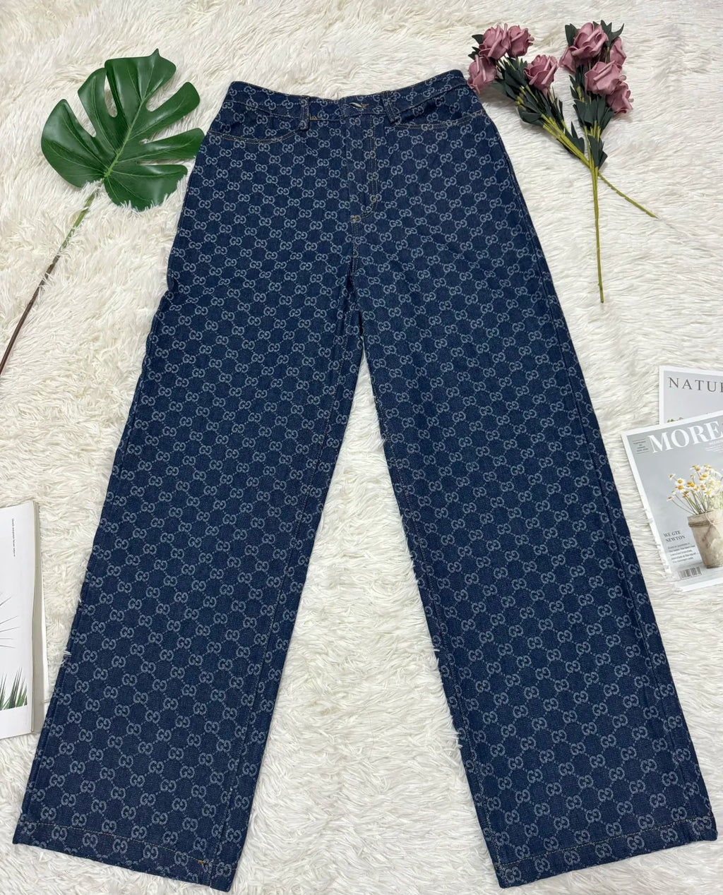 Slim Jacquard Wide-leg Long Jeans LV AND GUCCI