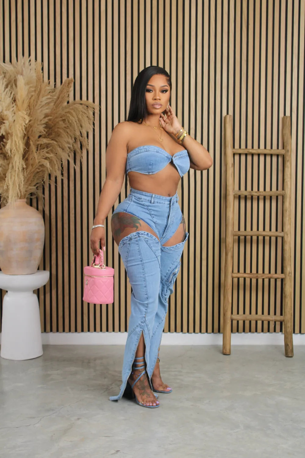 Sexy Zipper Strapless Tube Bra Tops And Cut-Out Pants Denim Matching Sets