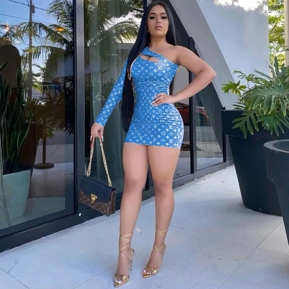 LV Casual Pink/Blue Long Sleeve Printed Single Shoulder Mini Dresses
