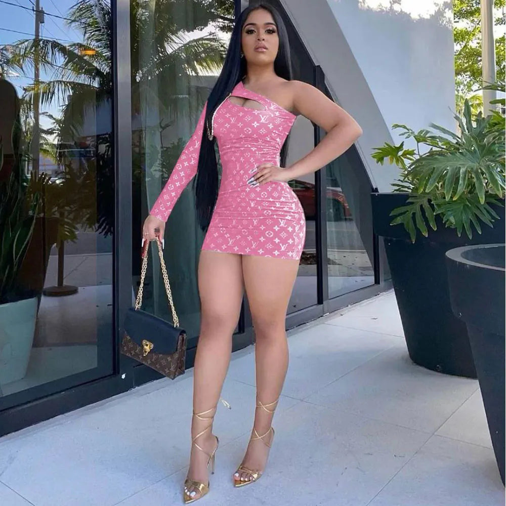 LV Casual Pink/Blue Long Sleeve Printed Single Shoulder Mini Dresses