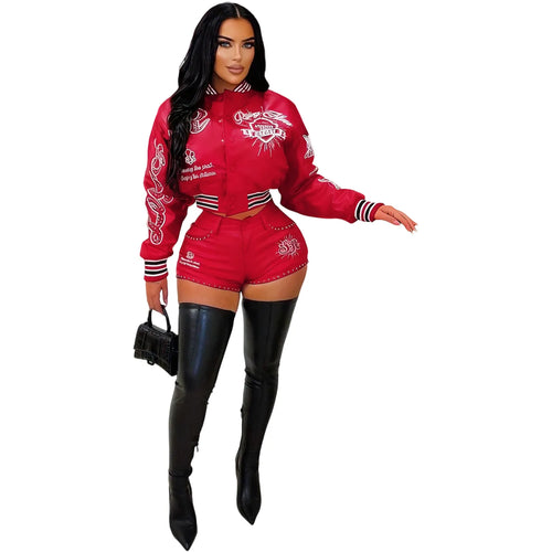 Elastic PU leather positioning embroidery baseball jacket sexy shorts two-piece set