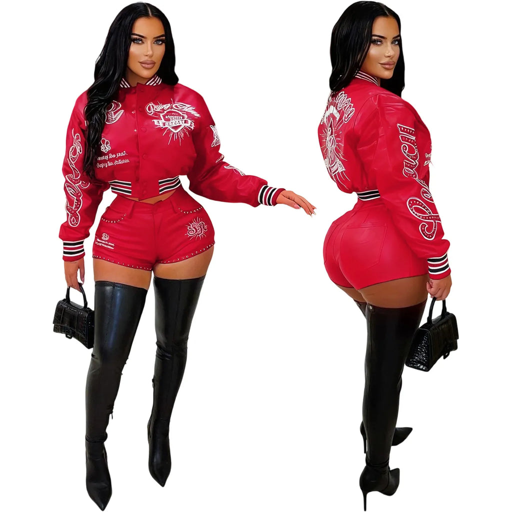 Elastic PU leather positioning embroidery baseball jacket sexy shorts two-piece set