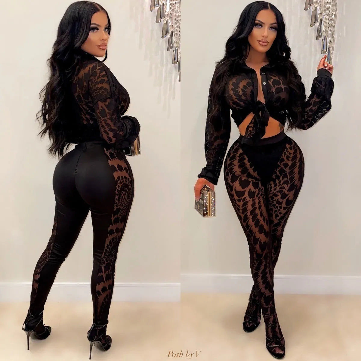 Mesh see through shirt and pants set