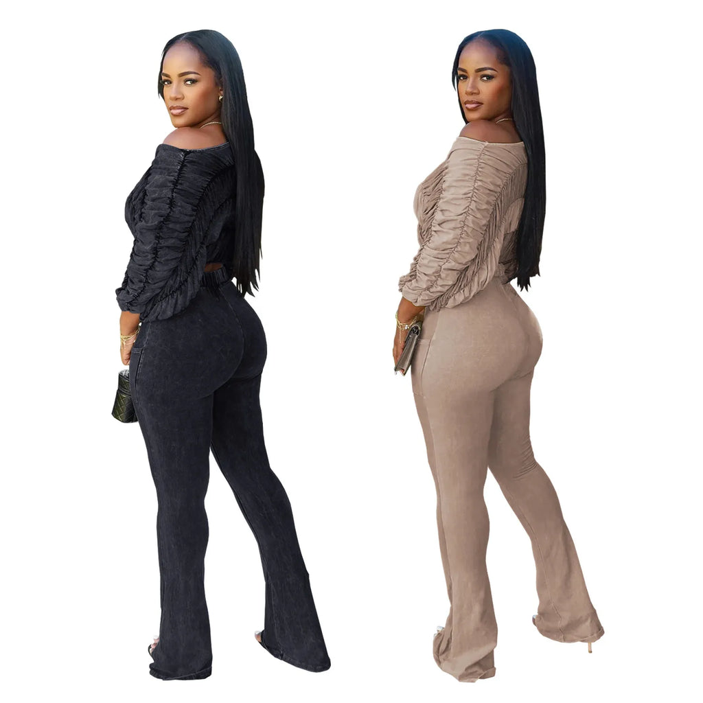 Casual slanted shoulder long sleeved top and pants two-piece set