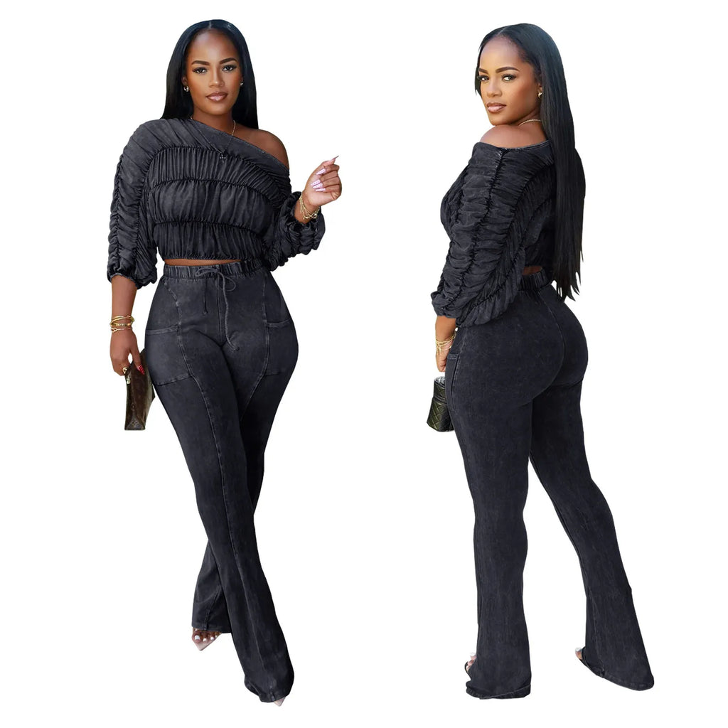 Casual slanted shoulder long sleeved top and pants two-piece set