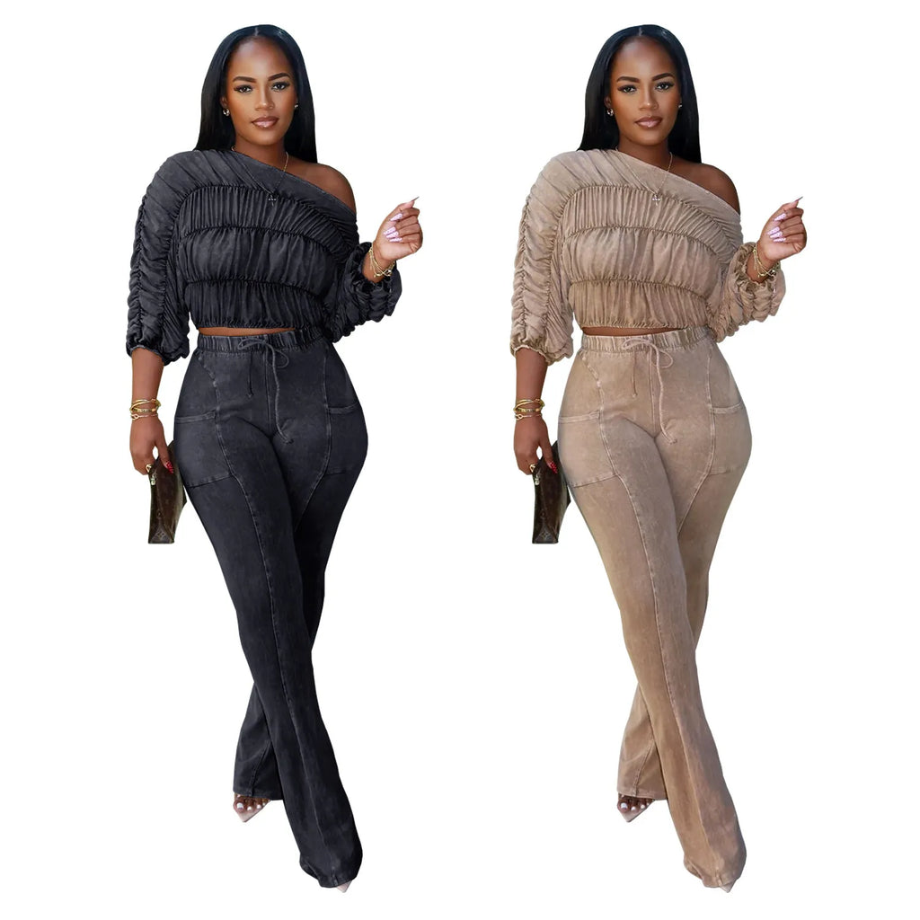 Casual slanted shoulder long sleeved top and pants two-piece set
