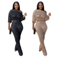 Casual slanted shoulder long sleeved top and pants two-piece set