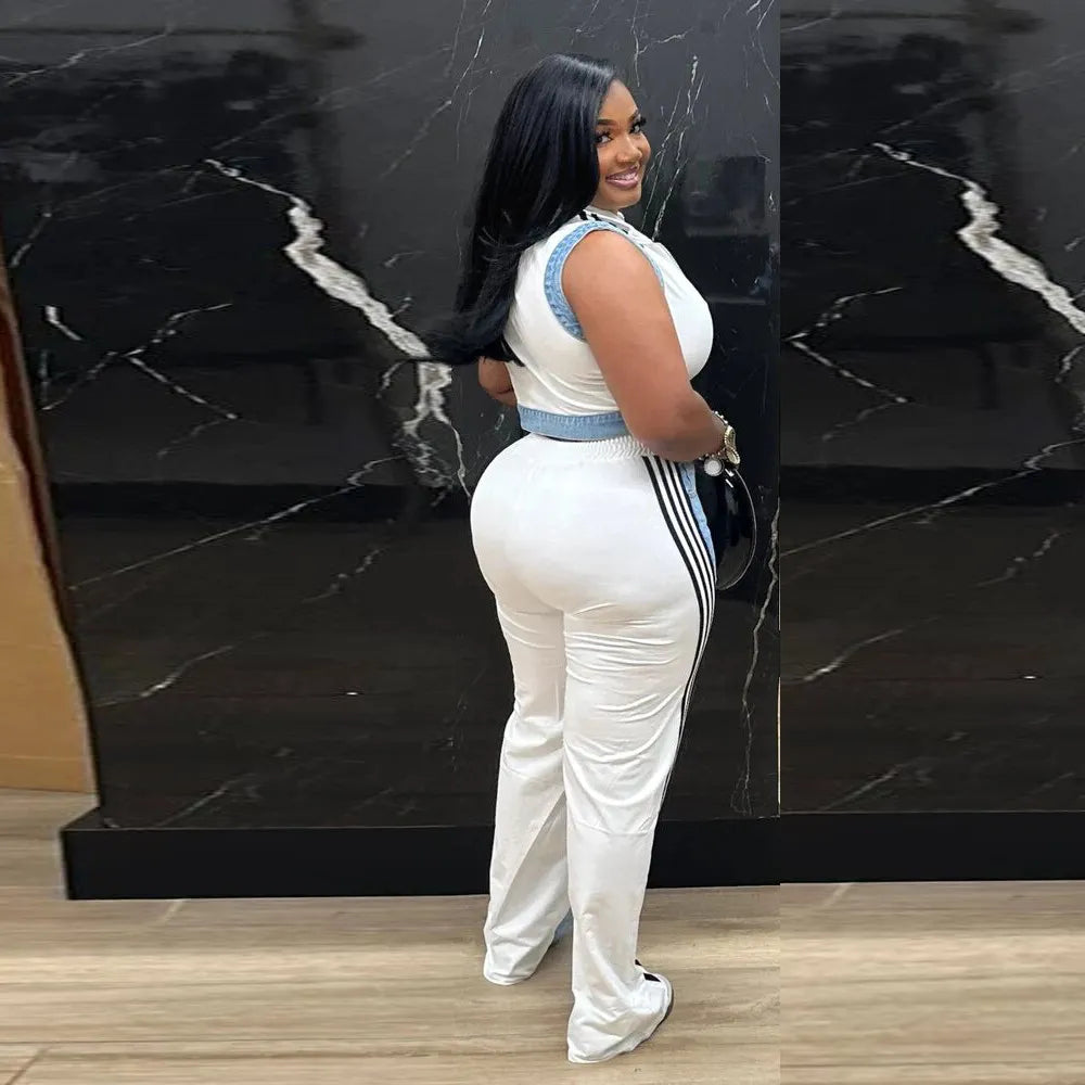 Webbing Loose Stitching Denim Wide-Leg Pants Set