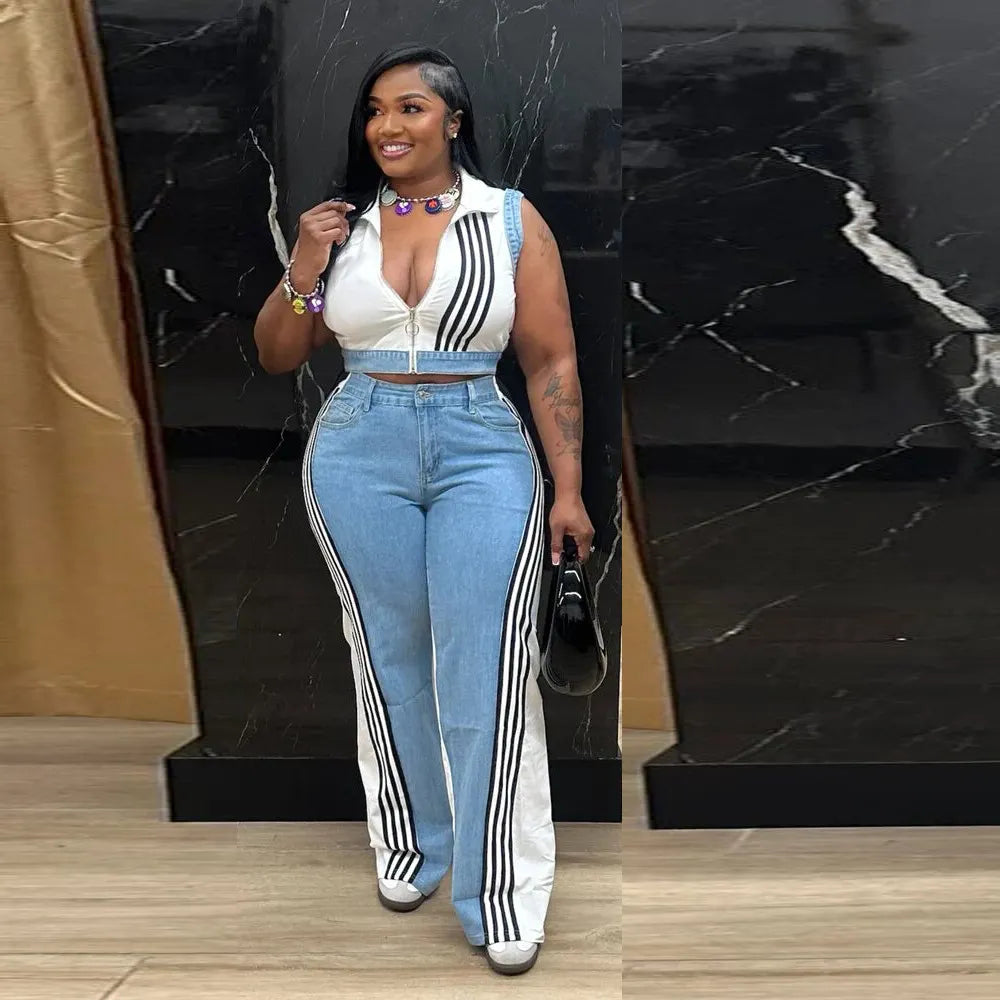 Webbing Loose Stitching Denim Wide-Leg Pants Set
