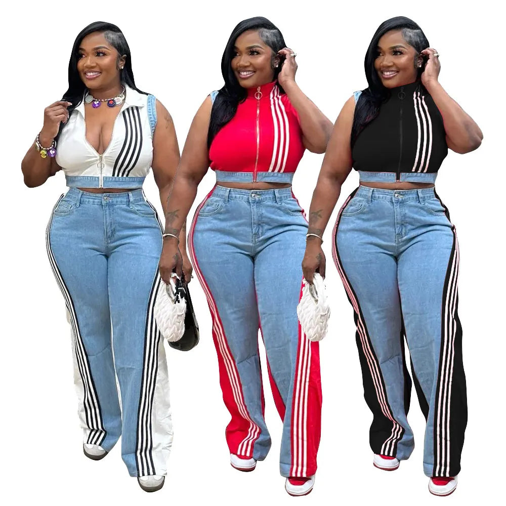 Webbing Loose Stitching Denim Wide-Leg Pants Set