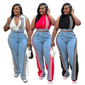 Webbing Loose Stitching Denim Wide-Leg Pants Set