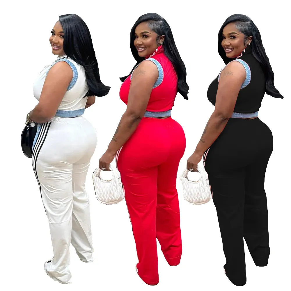 Webbing Loose Stitching Denim Wide-Leg Pants Set